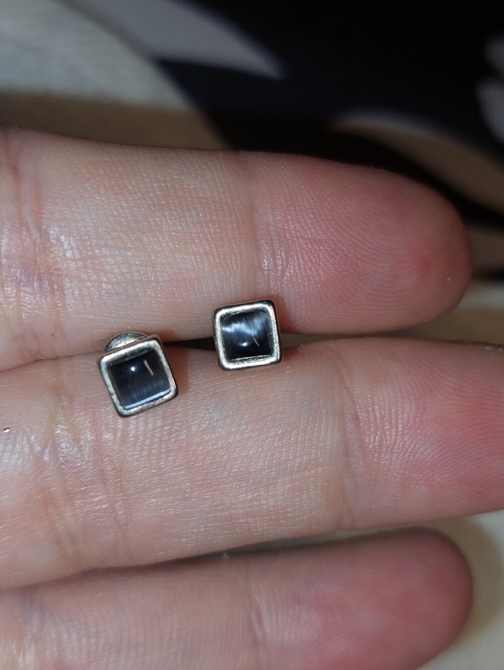 Square Navy Catseye Stone Silvertone Stud Earrings